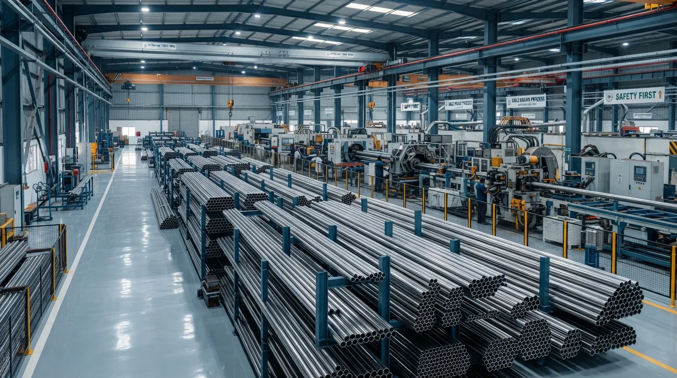 Rows of polished cold-drawn stainless steel seamless tubes in an AV-Tech manufacturing plant