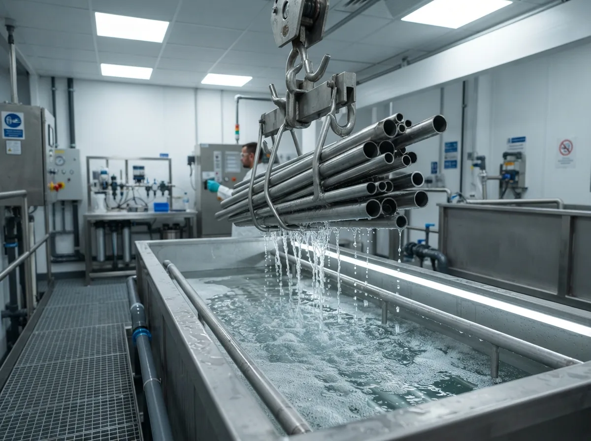 Stainless steel tubes in a citric-acid passivation immersion tank