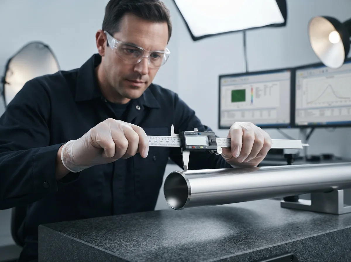 Quality inspector measuring a stainless steel tube with a digital caliper on the shop floor